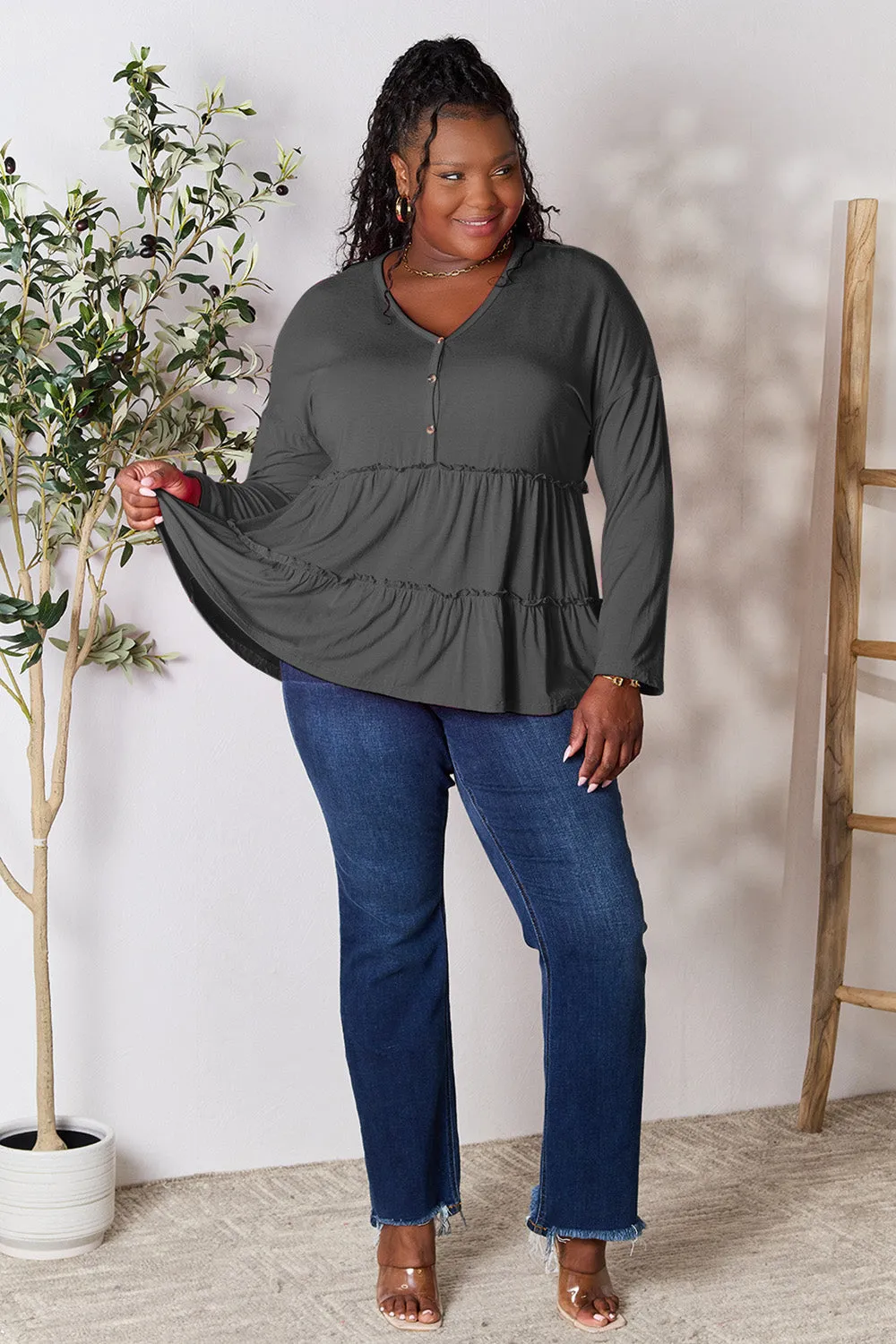 Double Take Half Button Long Sleeve Ruffle Hem Blouse (7 Colors)