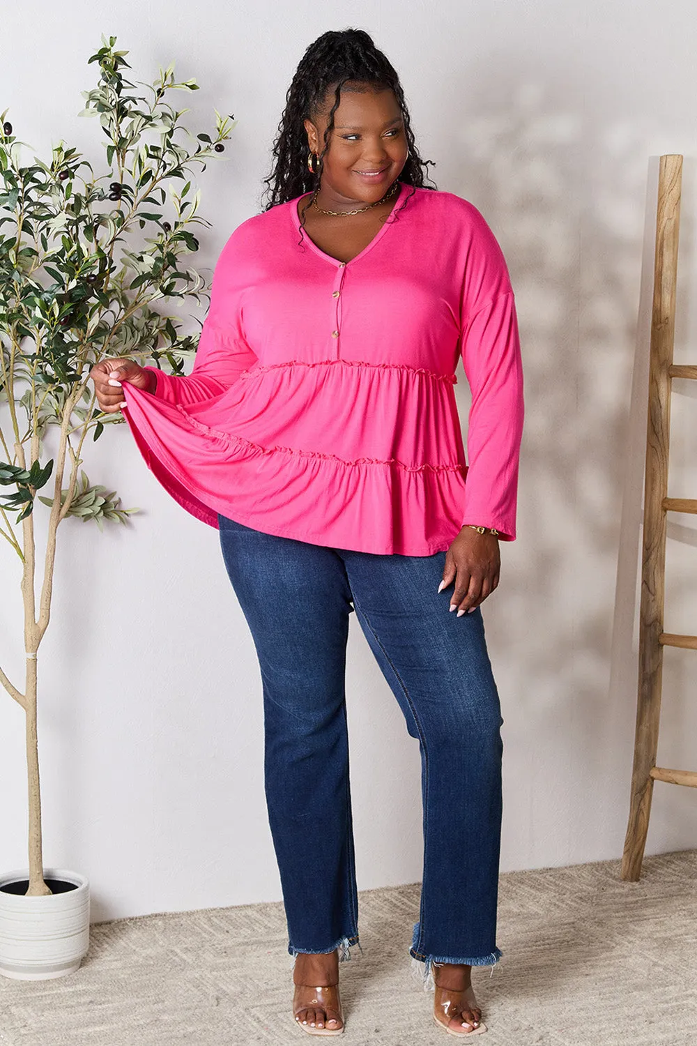 Double Take Half Button Long Sleeve Ruffle Hem Blouse (7 Colors)