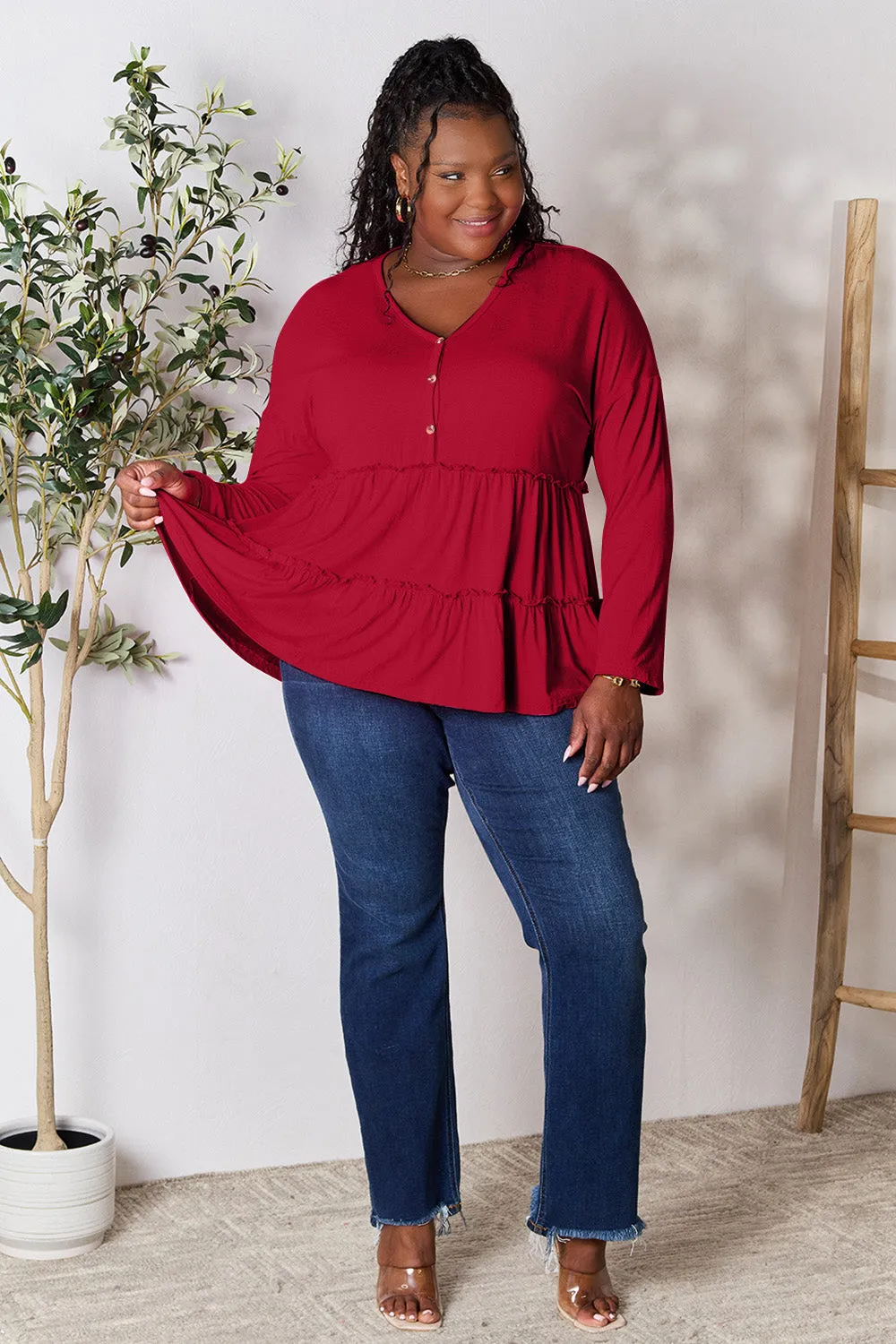 Double Take Half Button Long Sleeve Ruffle Hem Blouse (7 Colors)