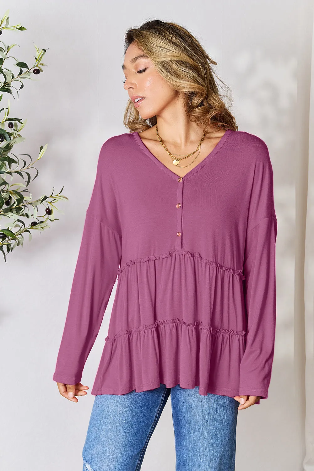 Double Take Half Button Long Sleeve Ruffle Hem Blouse (7 Colors)