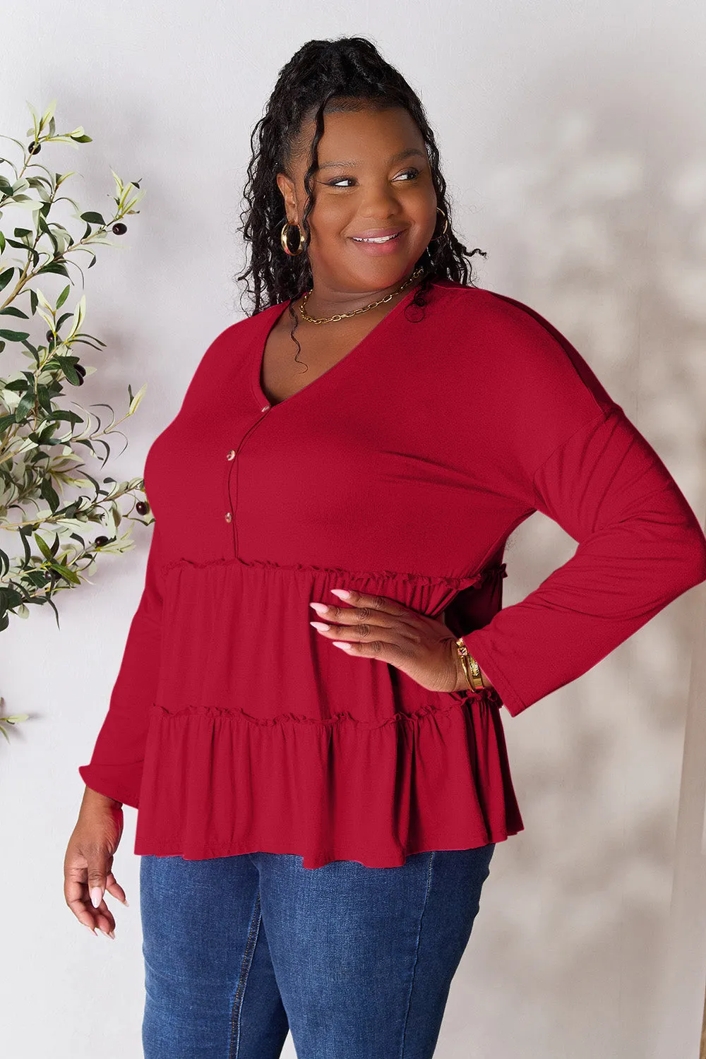 Double Take Half Button Long Sleeve Ruffle Hem Blouse (7 Colors)