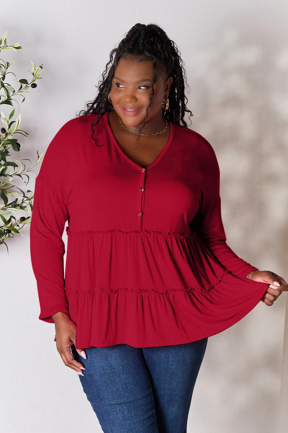 Double Take Half Button Long Sleeve Ruffle Hem Blouse (7 Colors)
