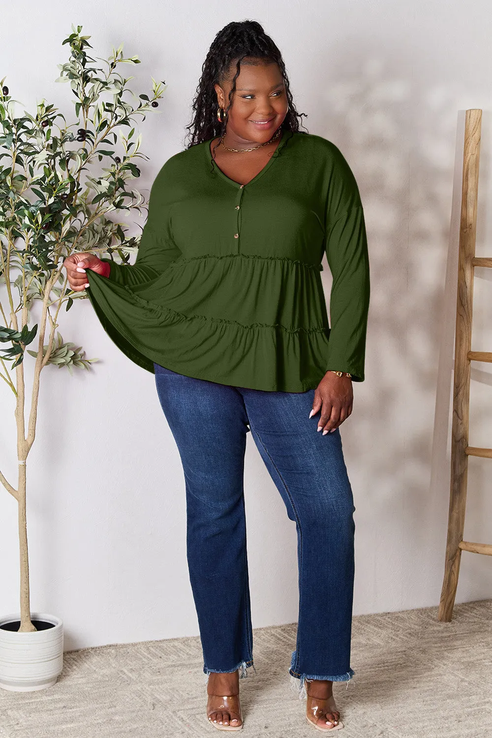 Double Take Half Button Long Sleeve Ruffle Hem Blouse (7 Colors)