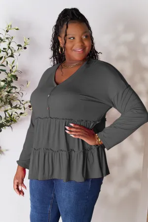 Double Take Half Button Long Sleeve Ruffle Hem Blouse (7 Colors)