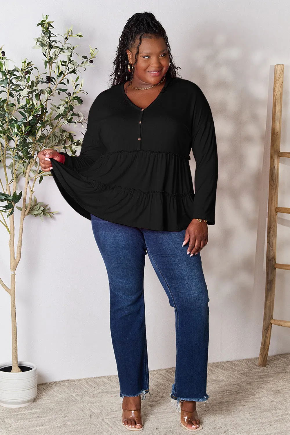 Double Take Half Button Long Sleeve Ruffle Hem Blouse (7 Colors)