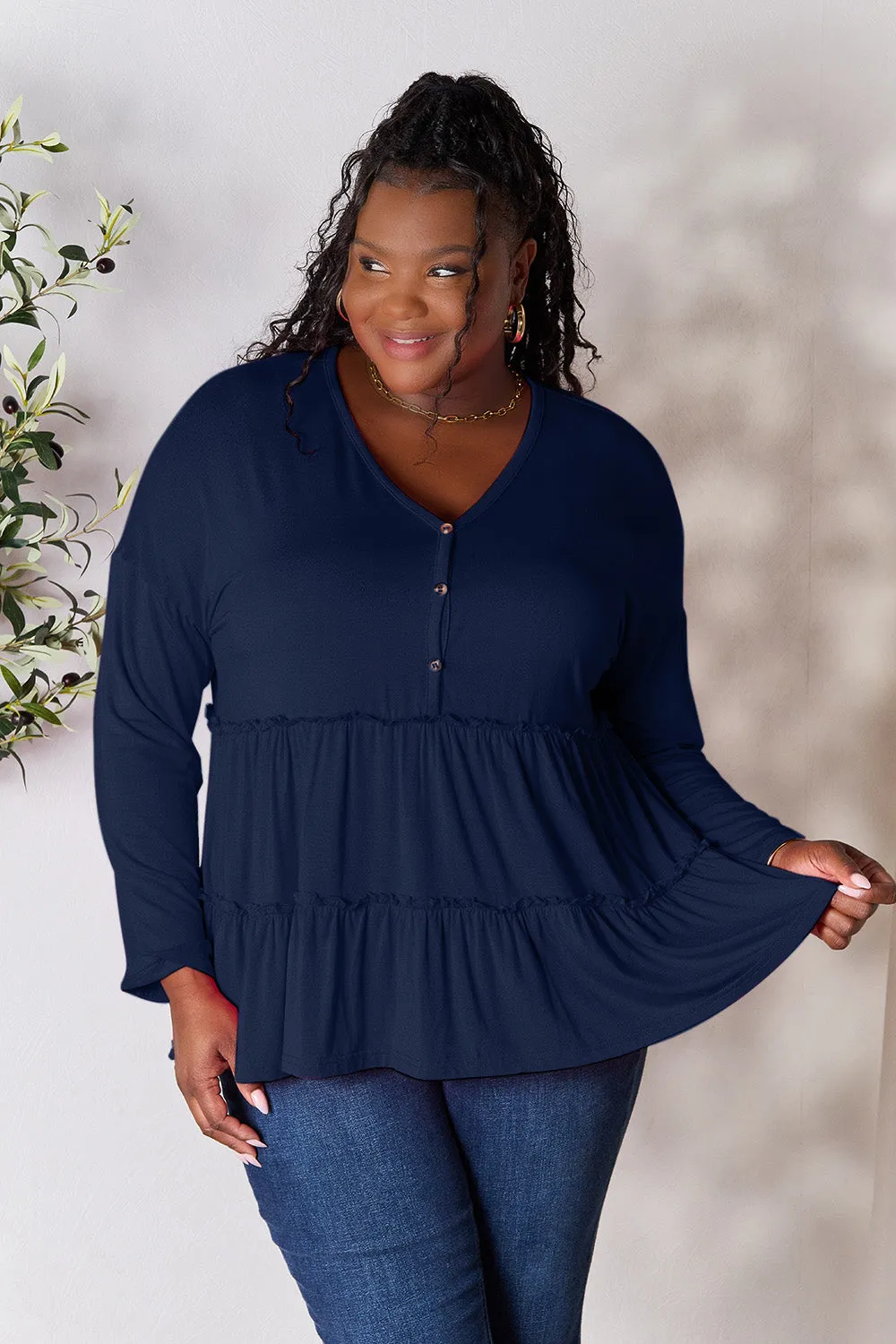 Double Take Half Button Long Sleeve Ruffle Hem Blouse (7 Colors)