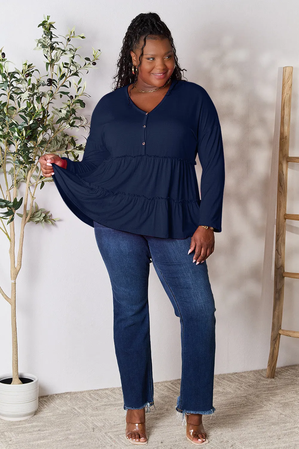 Double Take Half Button Long Sleeve Ruffle Hem Blouse (7 Colors)
