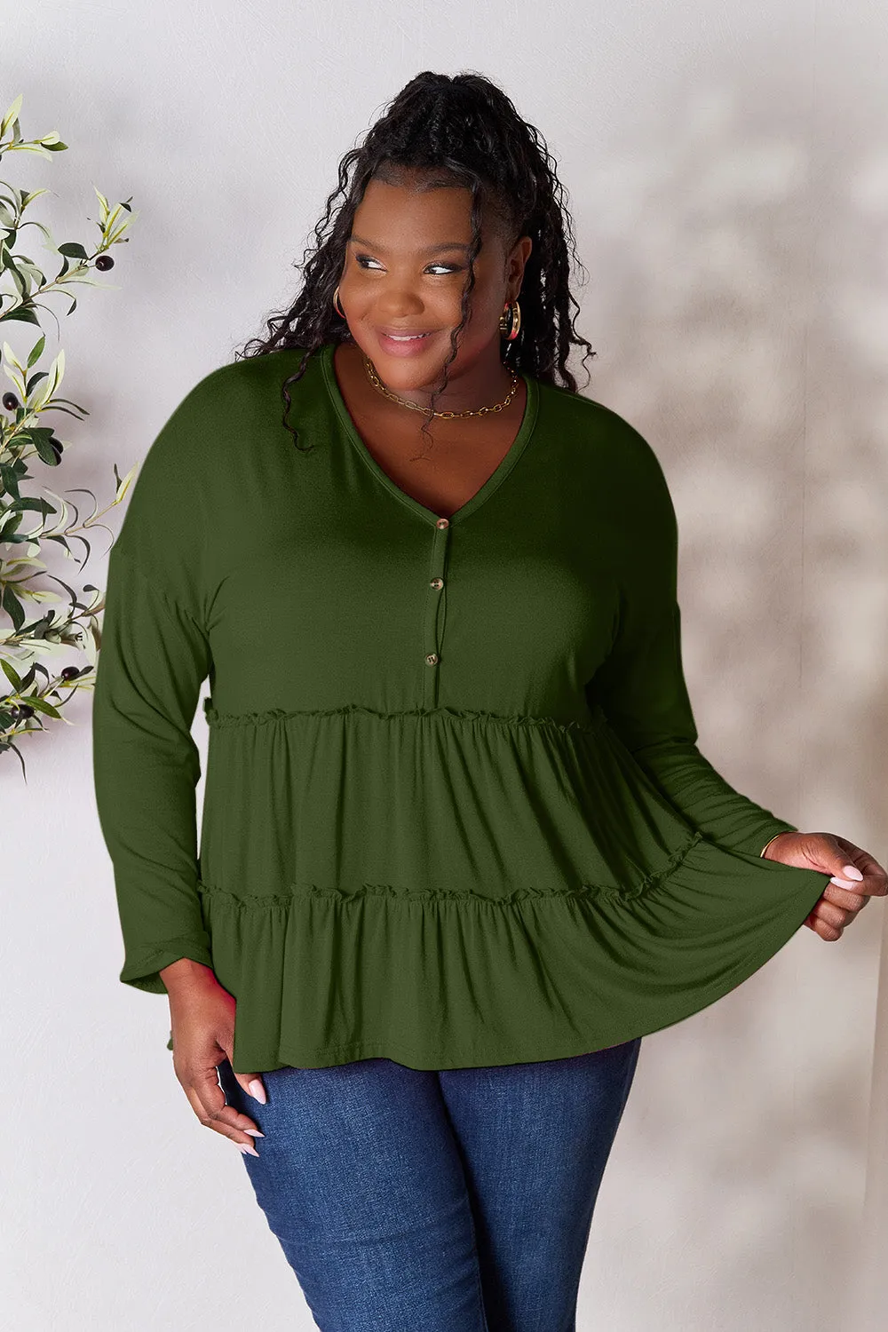 Double Take Half Button Long Sleeve Ruffle Hem Blouse (7 Colors)