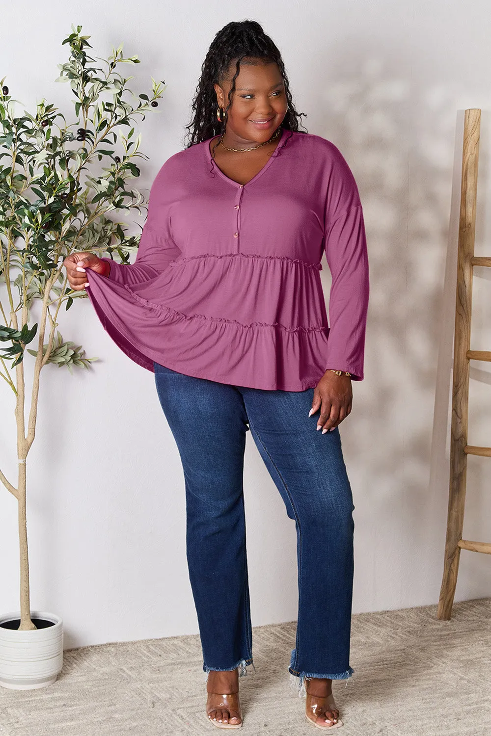 Double Take Half Button Long Sleeve Ruffle Hem Blouse (7 Colors)