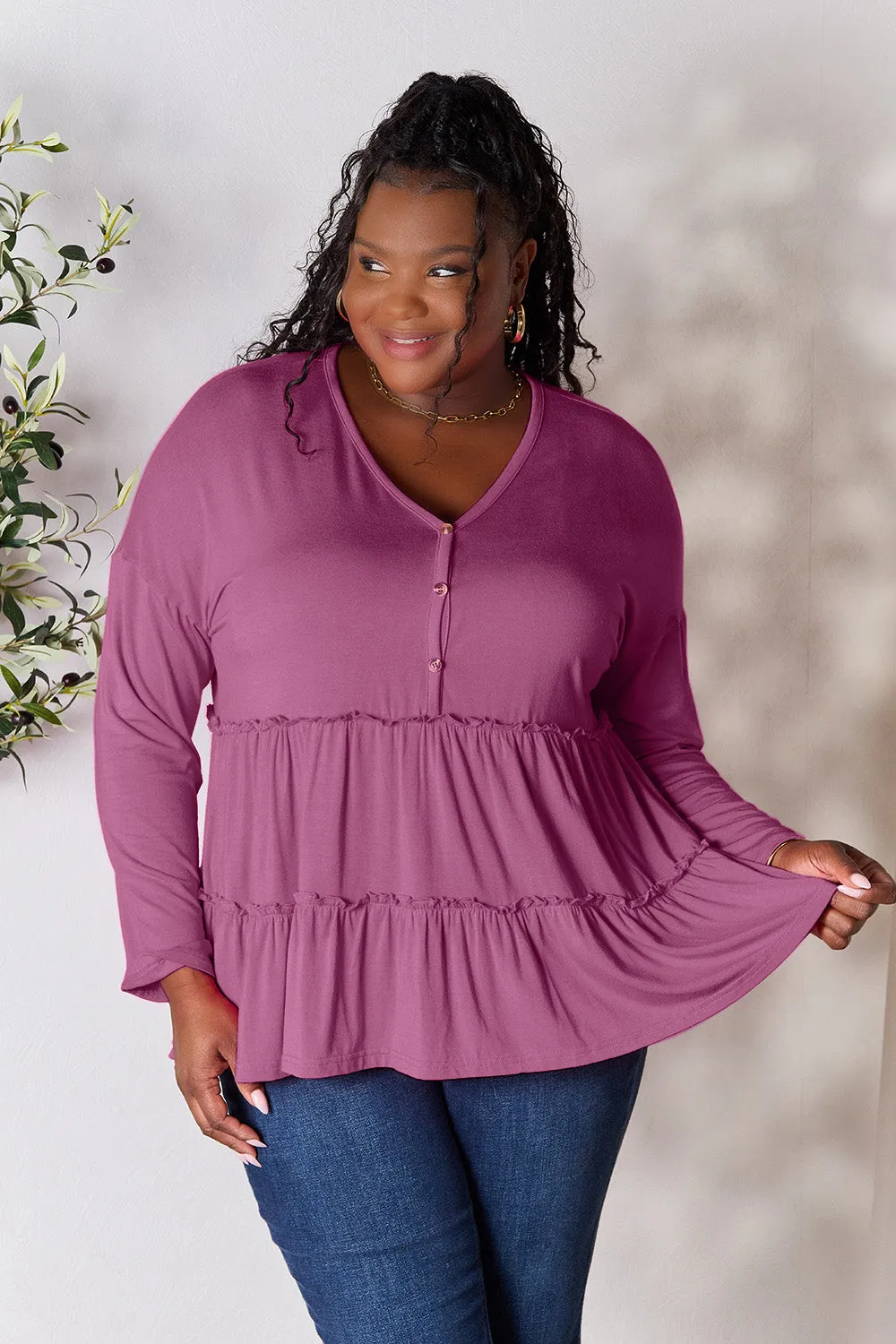 Double Take Half Button Long Sleeve Ruffle Hem Blouse (7 Colors)