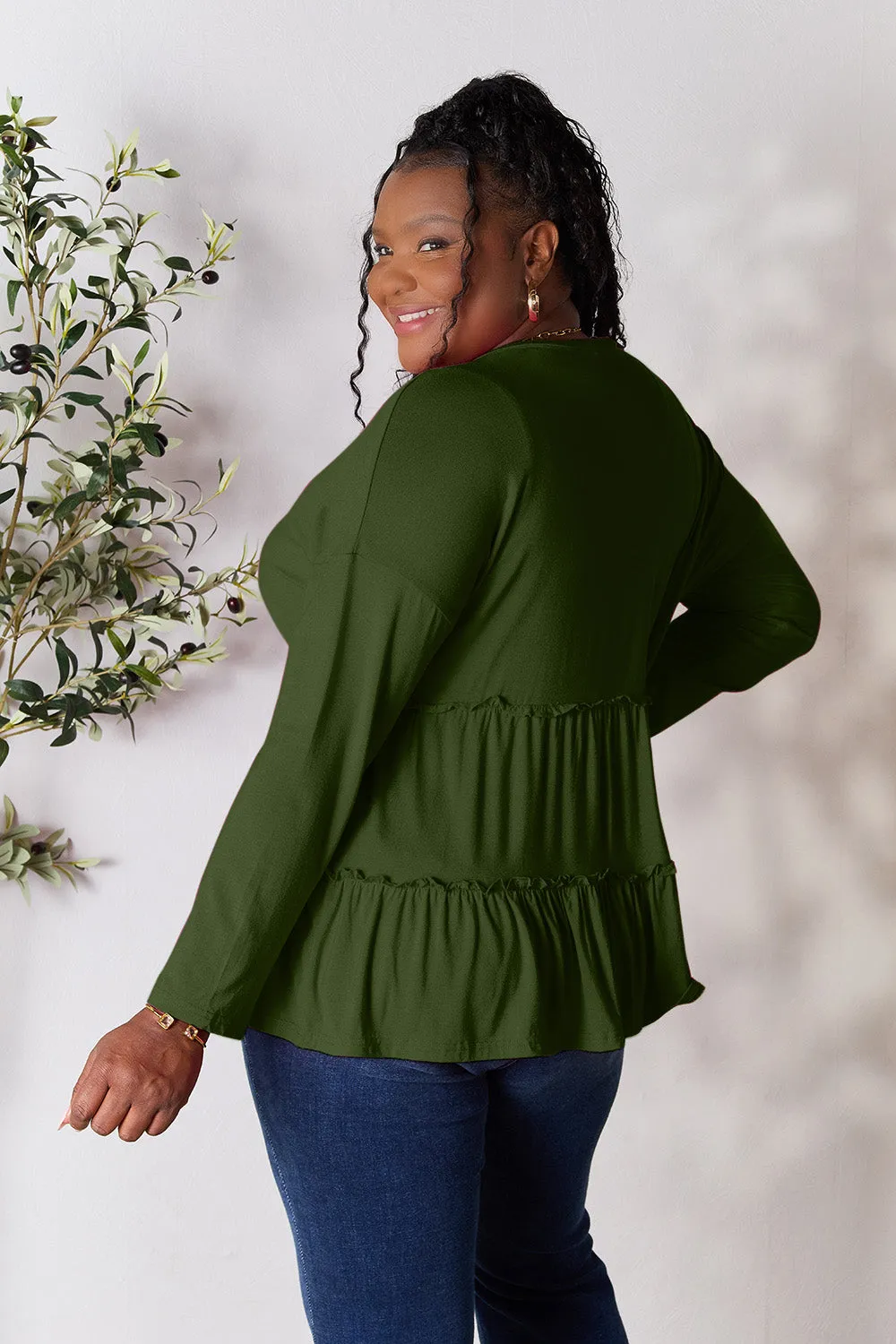 Double Take Half Button Long Sleeve Ruffle Hem Blouse (7 Colors)