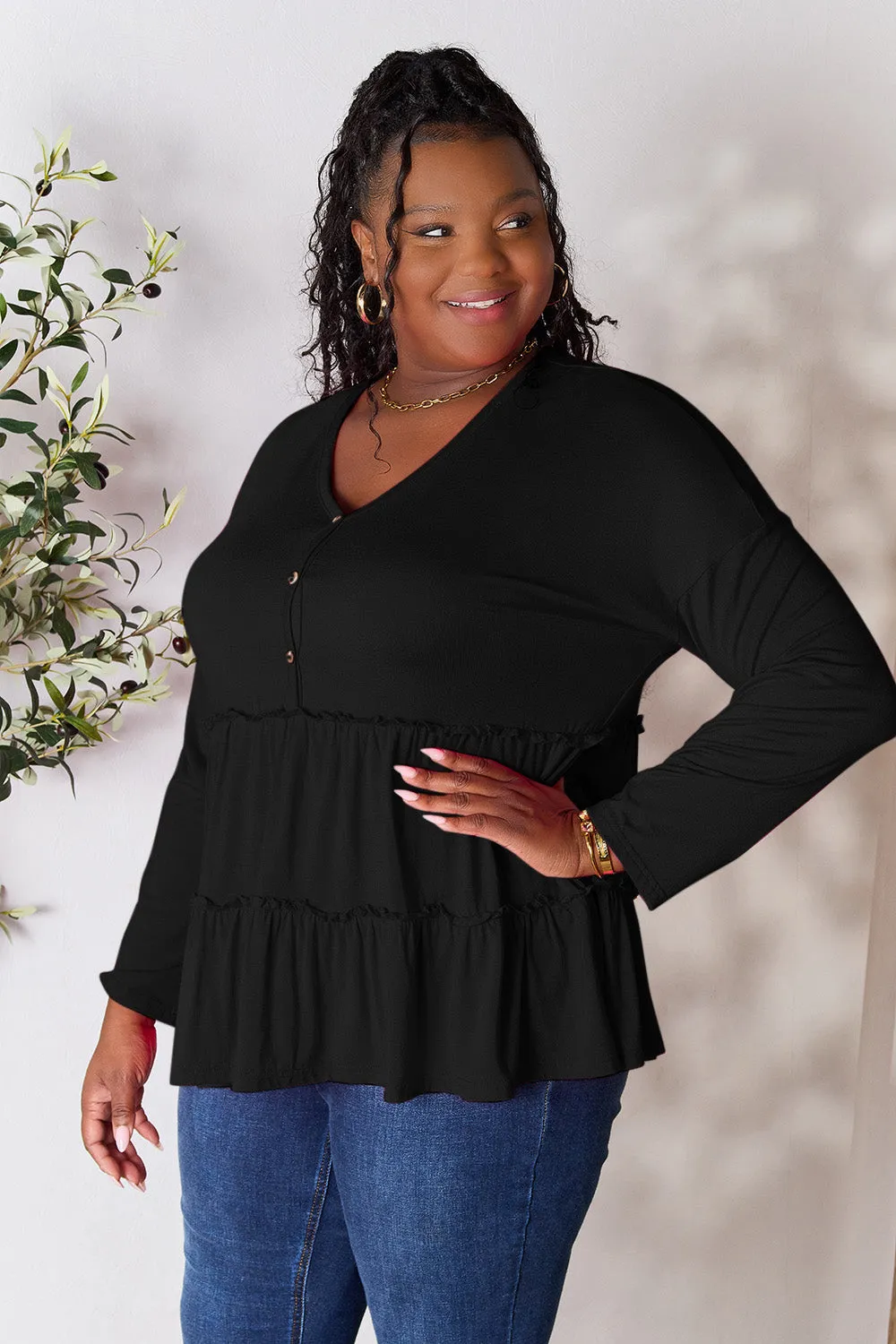 Double Take Half Button Long Sleeve Ruffle Hem Blouse (7 Colors)