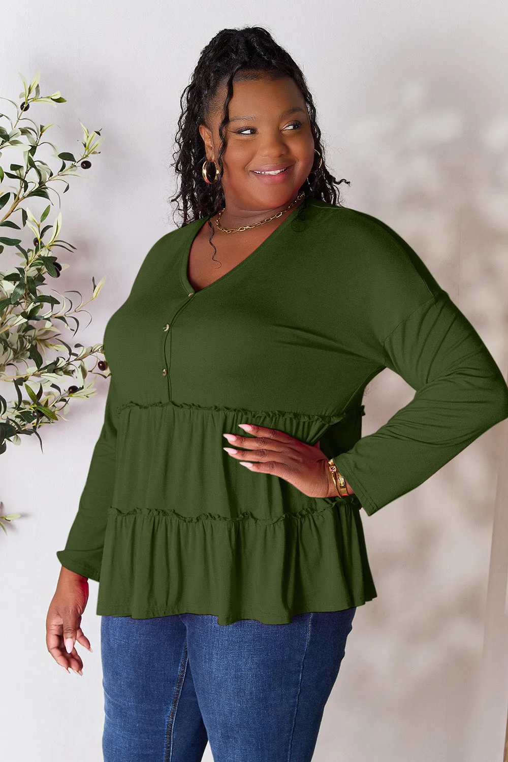 Double Take Half Button Long Sleeve Ruffle Hem Blouse (7 Colors)