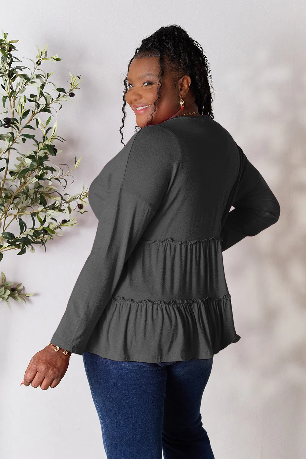 Double Take Half Button Long Sleeve Ruffle Hem Blouse (7 Colors)
