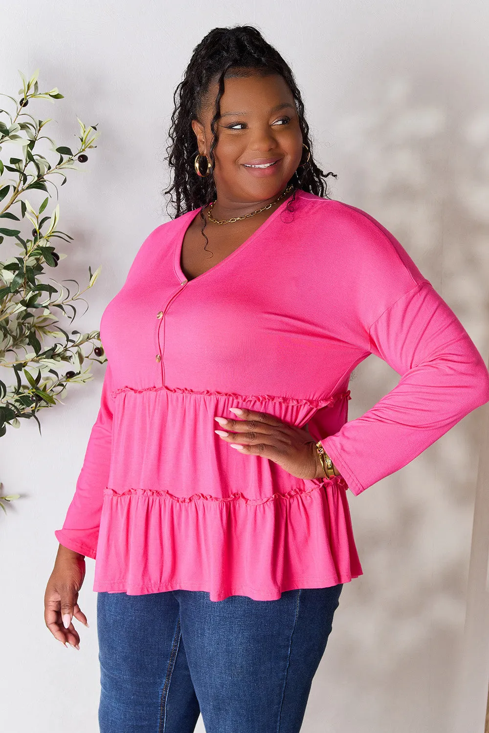 Double Take Half Button Long Sleeve Ruffle Hem Blouse (7 Colors)