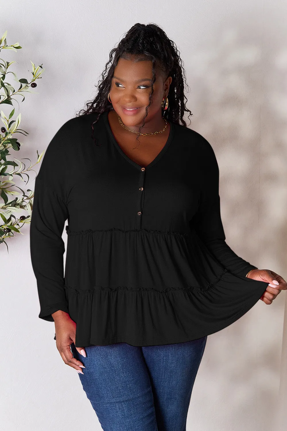 Double Take Half Button Long Sleeve Ruffle Hem Blouse (7 Colors)