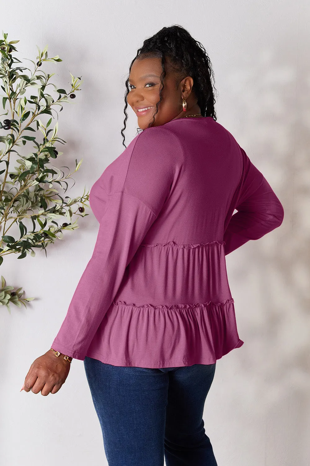 Double Take Half Button Long Sleeve Ruffle Hem Blouse (7 Colors)