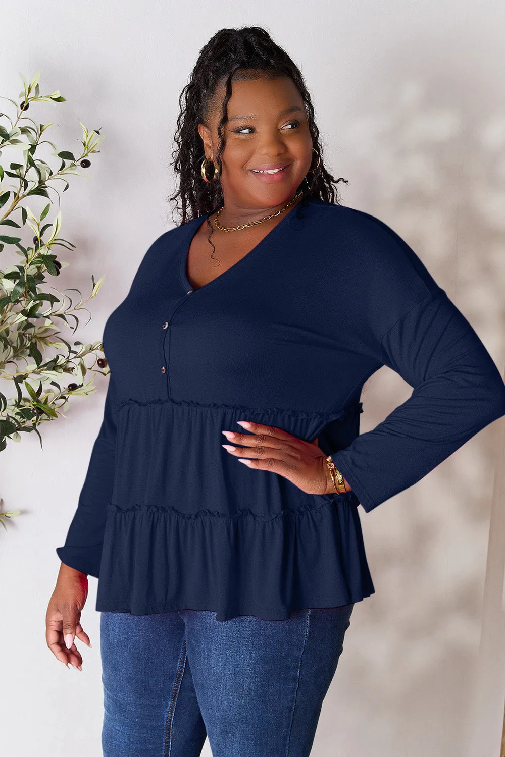 Double Take Half Button Long Sleeve Ruffle Hem Blouse (7 Colors)