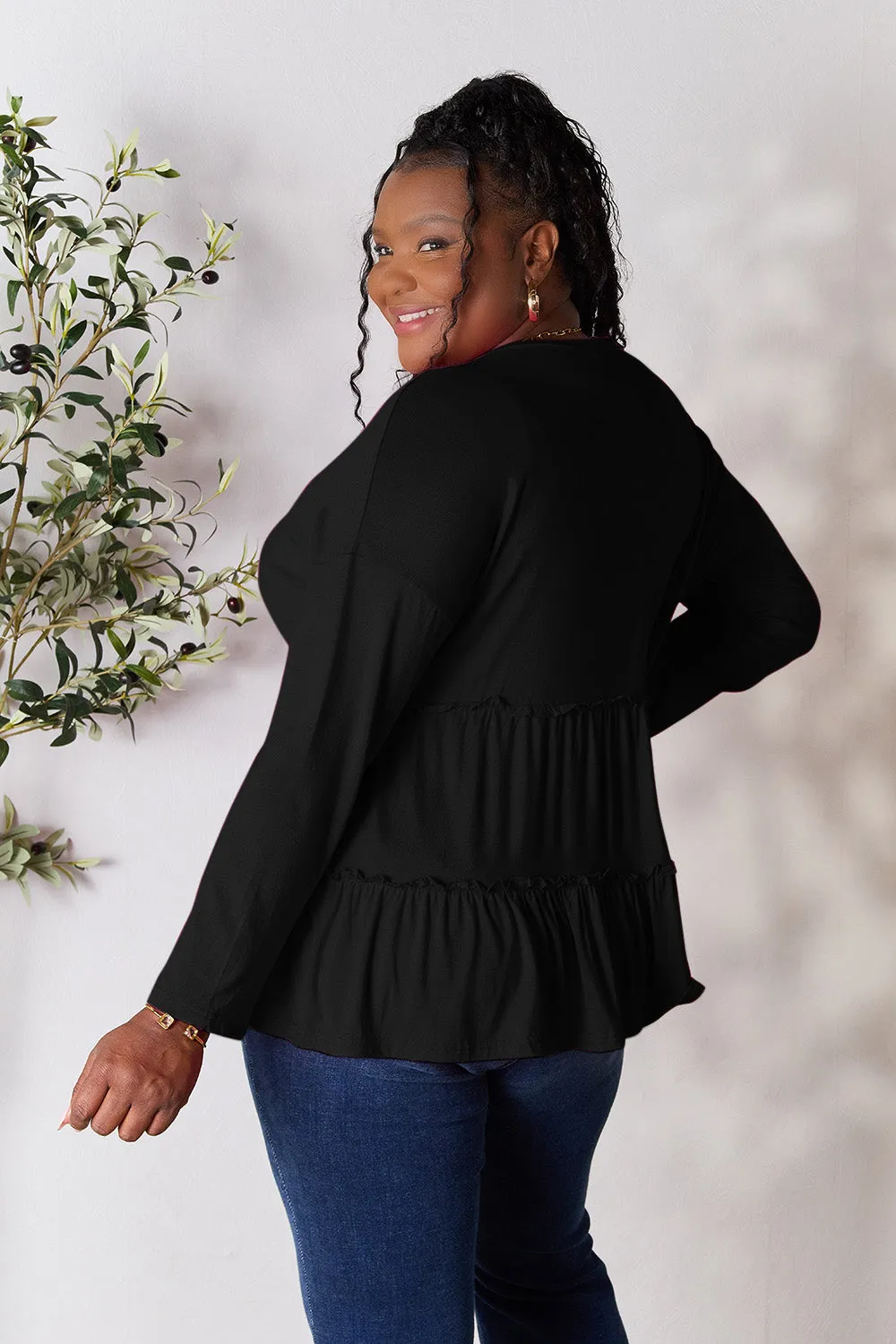 Double Take Half Button Long Sleeve Ruffle Hem Blouse (7 Colors)