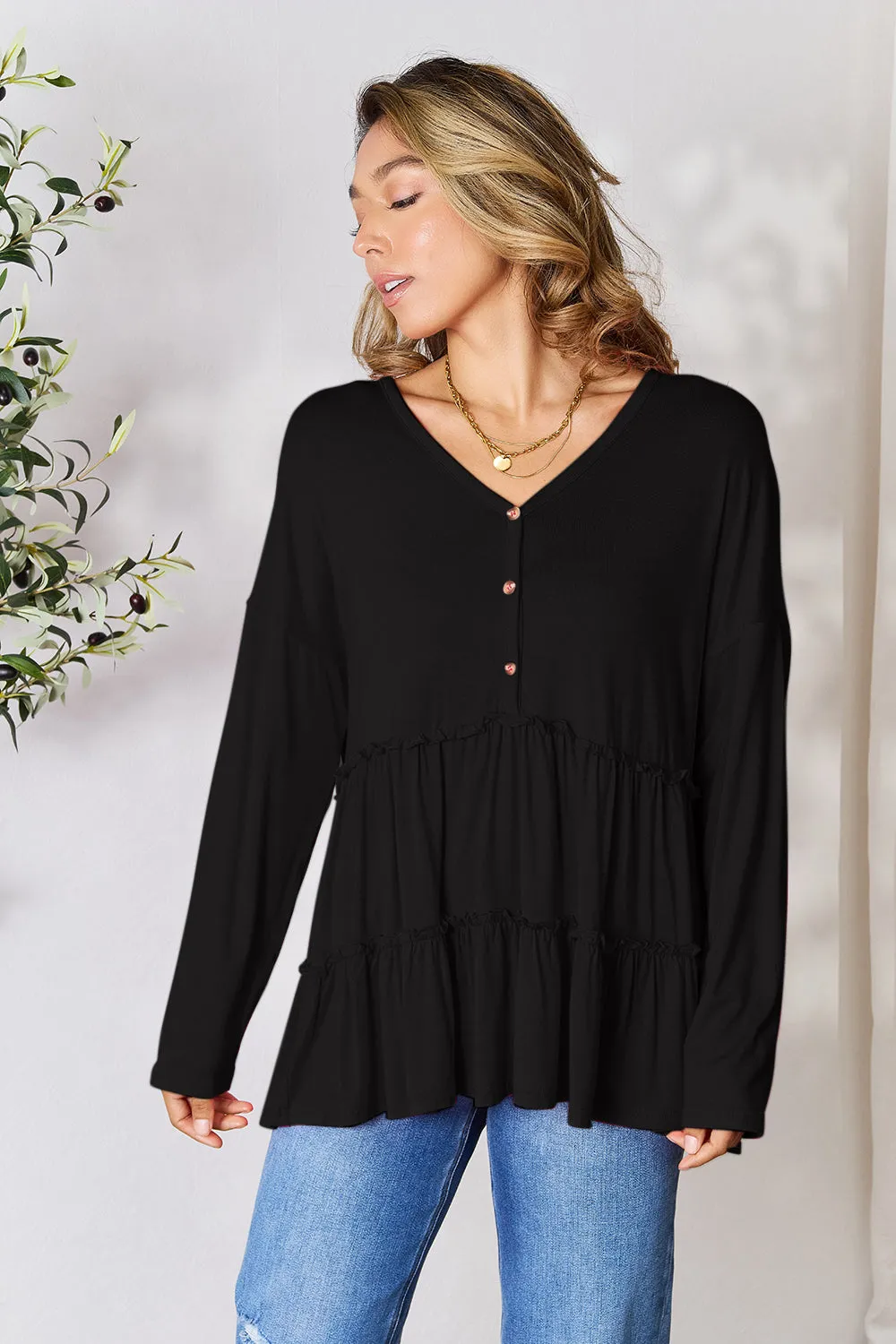 Double Take Half Button Long Sleeve Ruffle Hem Blouse (7 Colors)