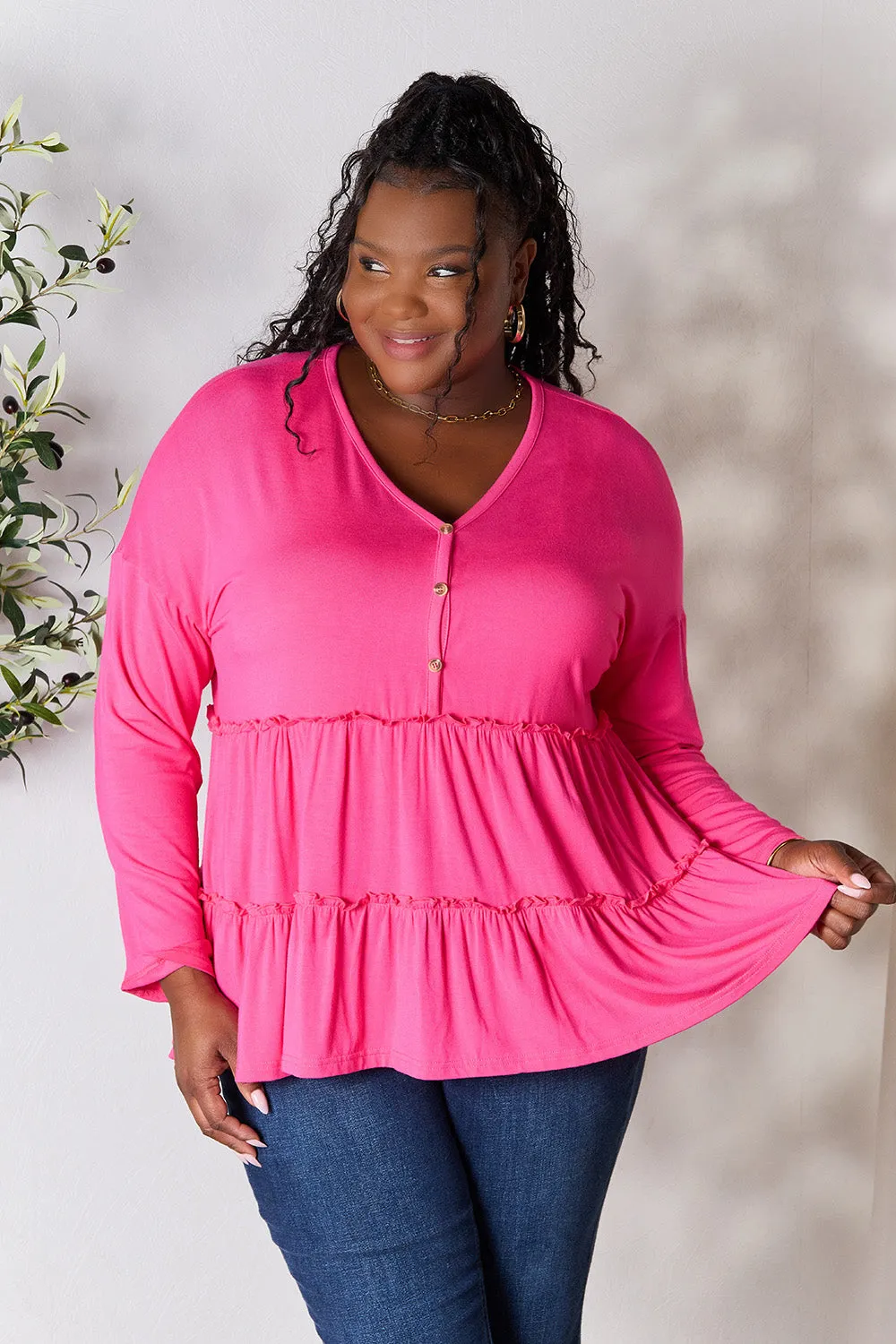 Double Take Half Button Long Sleeve Ruffle Hem Blouse (7 Colors)