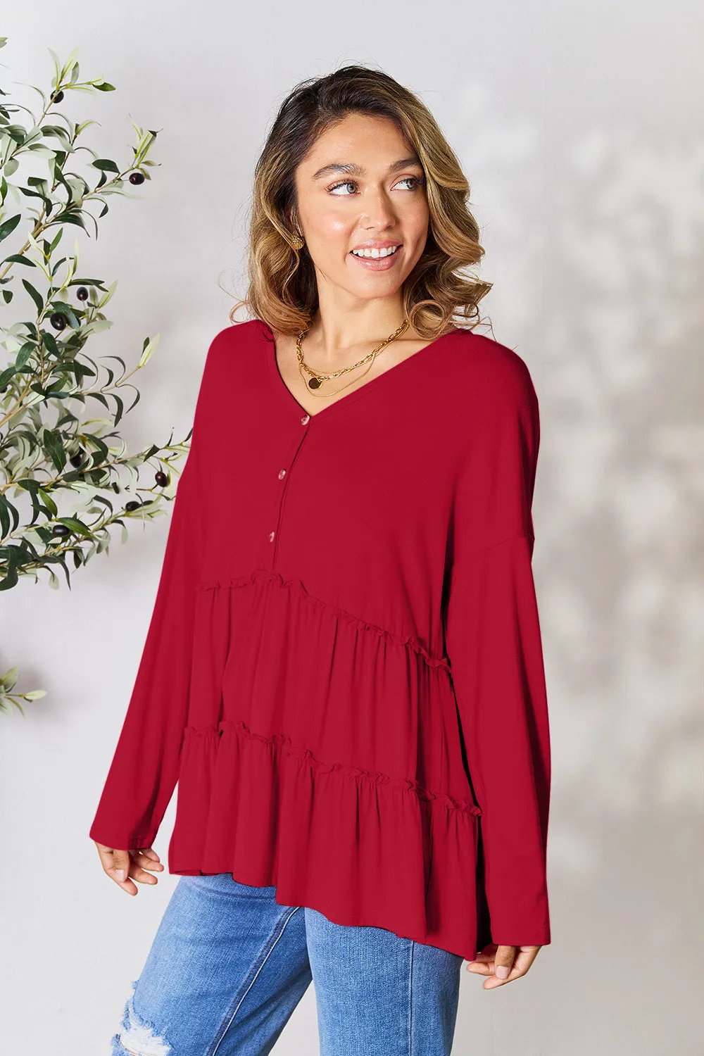 Double Take Half Button Long Sleeve Ruffle Hem Blouse (7 Colors)