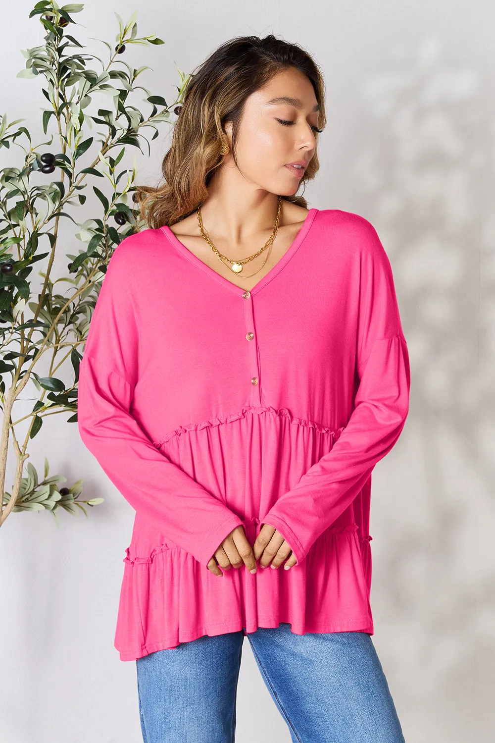 Double Take Half Button Long Sleeve Ruffle Hem Blouse (7 Colors)