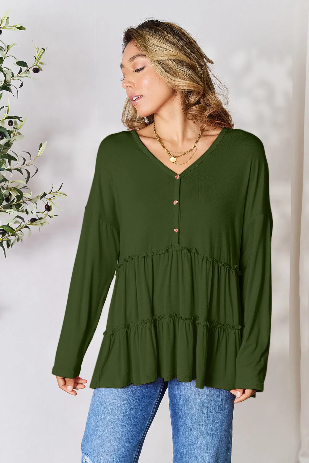 Double Take Half Button Long Sleeve Ruffle Hem Blouse (7 Colors)
