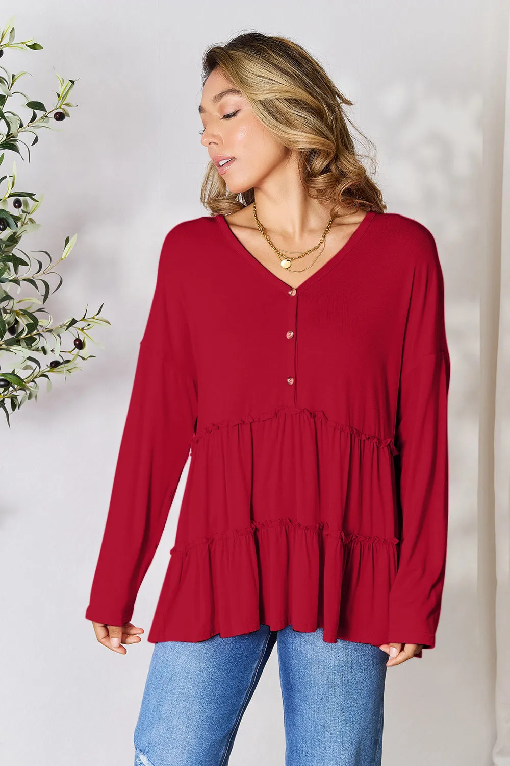 Double Take Half Button Long Sleeve Ruffle Hem Blouse (7 Colors)