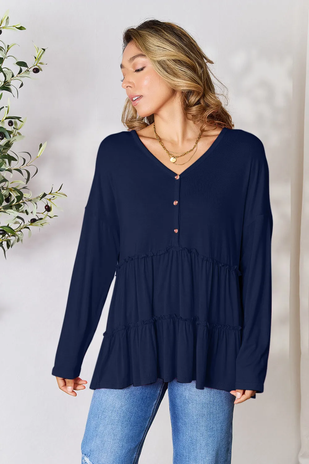 Double Take Half Button Long Sleeve Ruffle Hem Blouse (7 Colors)