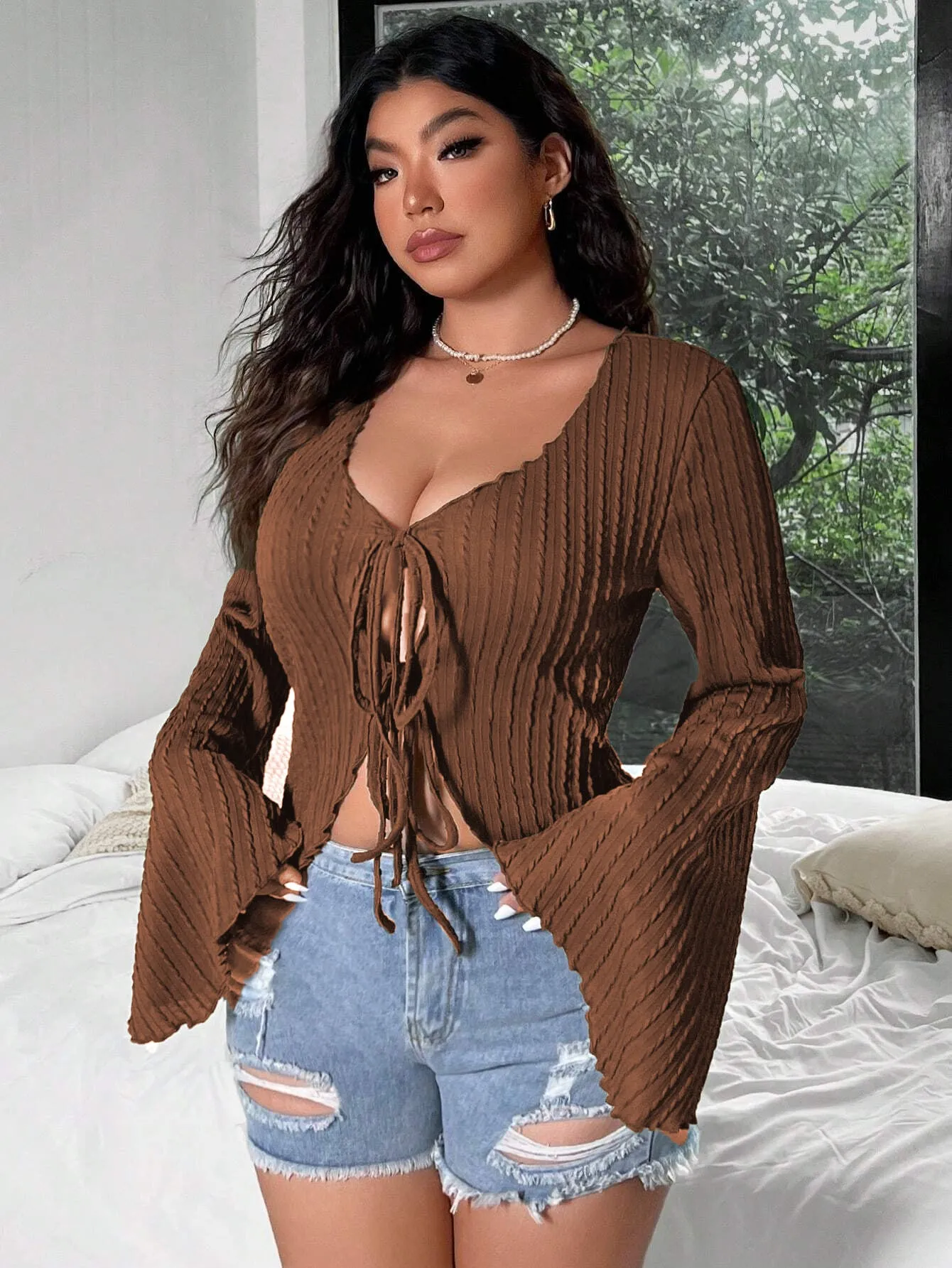 Elegant Lace-Up Bell Sleeve V-Neck Top with Ribbed Detail