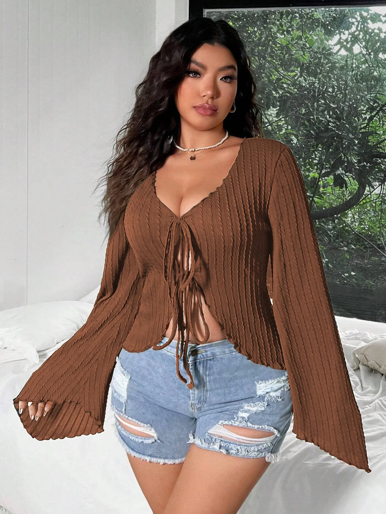 Elegant Lace-Up Bell Sleeve V-Neck Top with Ribbed Detail