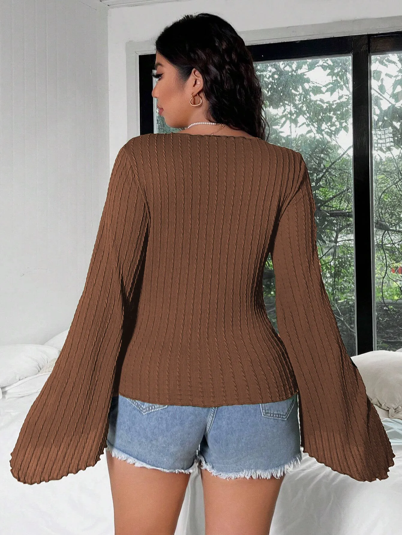Elegant Lace-Up Bell Sleeve V-Neck Top with Ribbed Detail