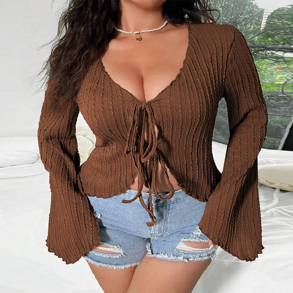 Elegant Lace-Up Bell Sleeve V-Neck Top with Ribbed Detail