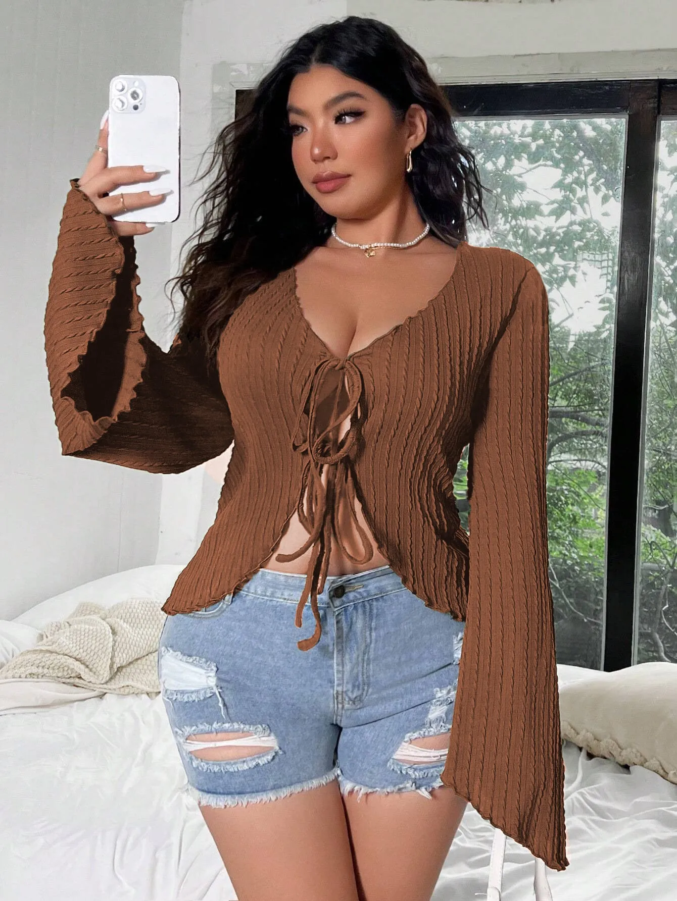 Elegant Lace-Up Bell Sleeve V-Neck Top with Ribbed Detail