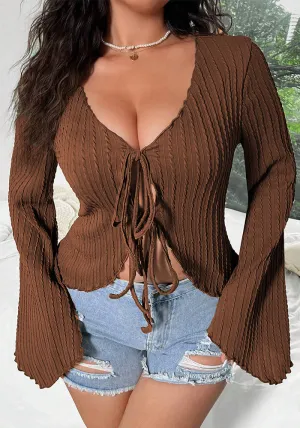 Elegant Lace-Up Bell Sleeve V-Neck Top with Ribbed Detail