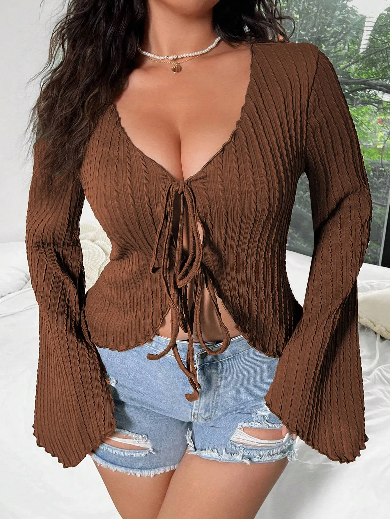 Elegant Lace-Up Bell Sleeve V-Neck Top with Ribbed Detail