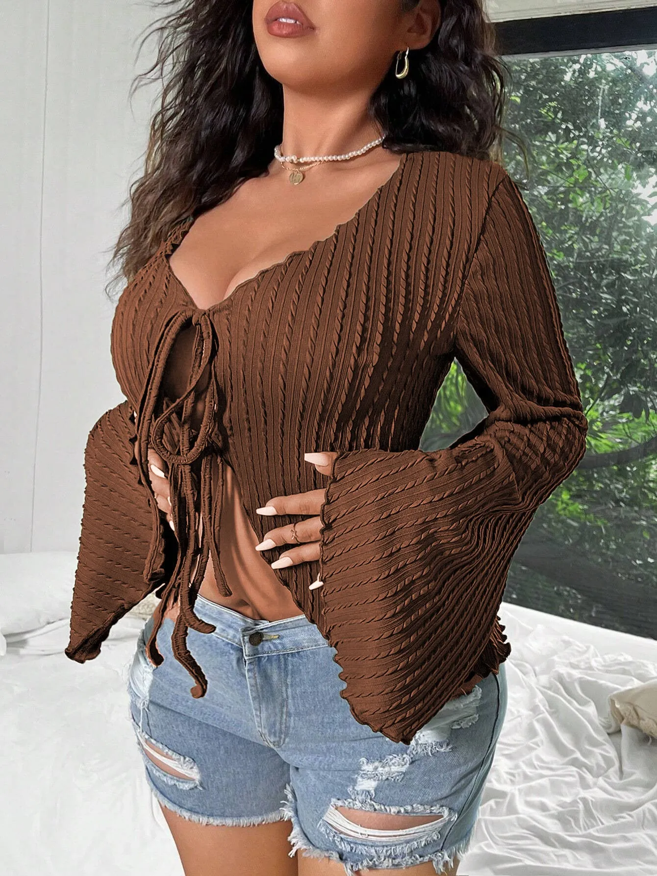 Elegant Lace-Up Bell Sleeve V-Neck Top with Ribbed Detail