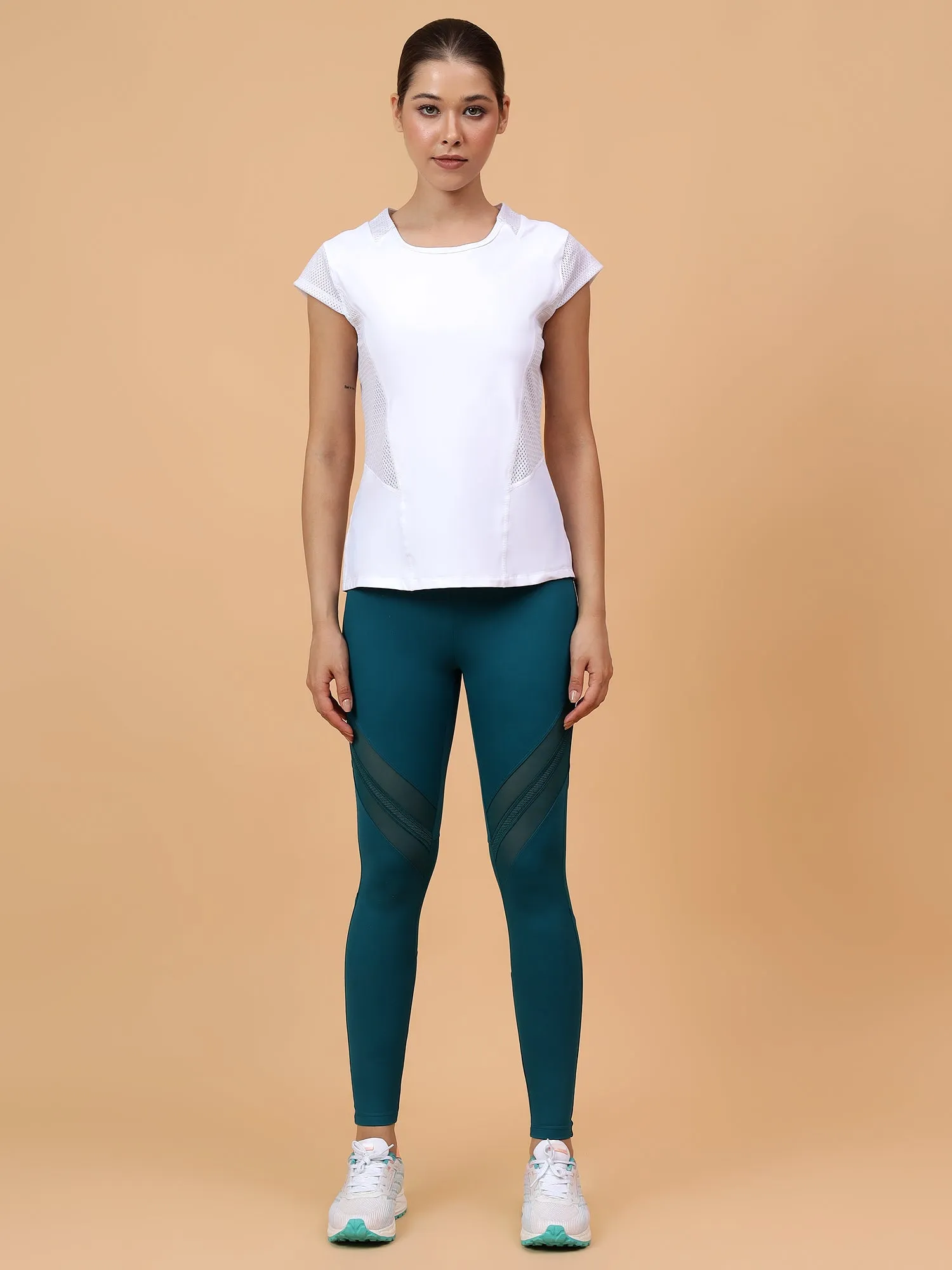 Fitkin Women's White Solid Side Mesh Training Top