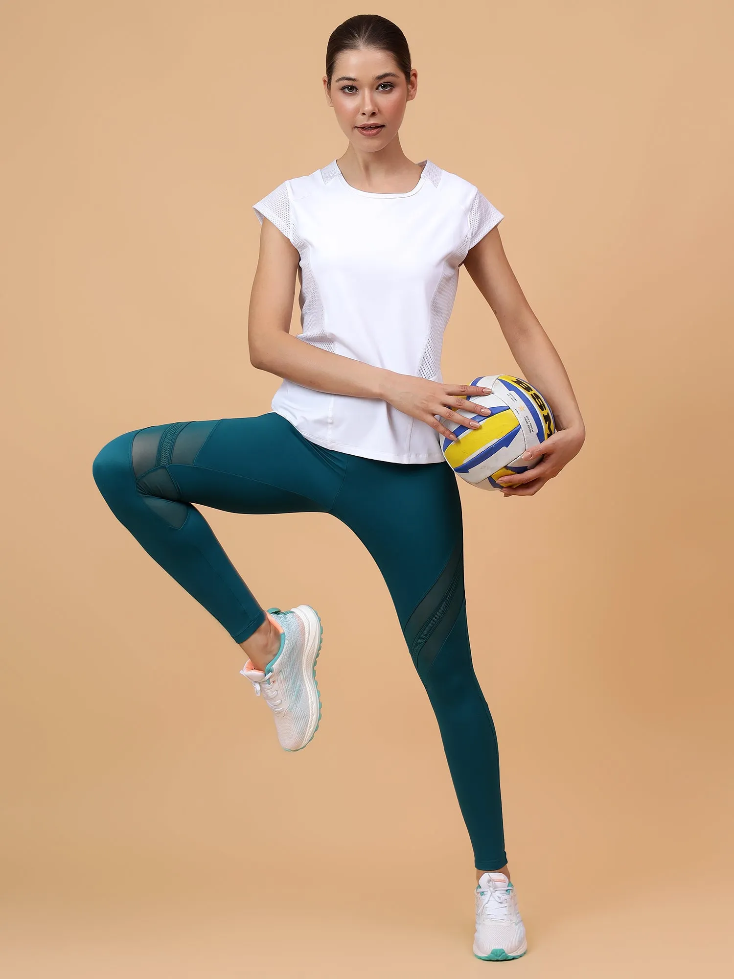 Fitkin Women's White Solid Side Mesh Training Top