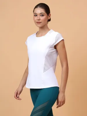 Fitkin Women's White Solid Side Mesh Training Top