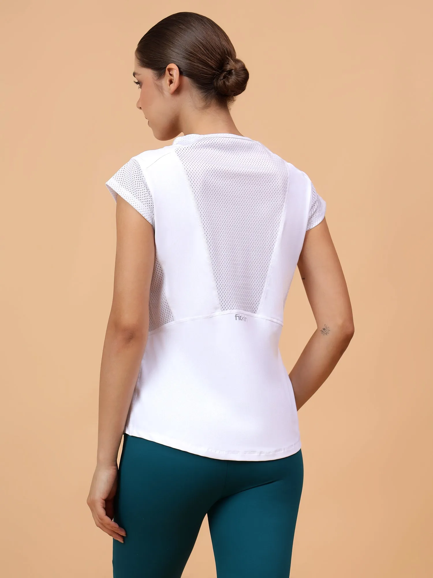 Fitkin Women's White Solid Side Mesh Training Top