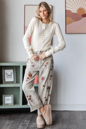 Floral Embroidered Grey Jeans