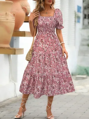 Floral Square Neck Short Sleeve Tiered Dress