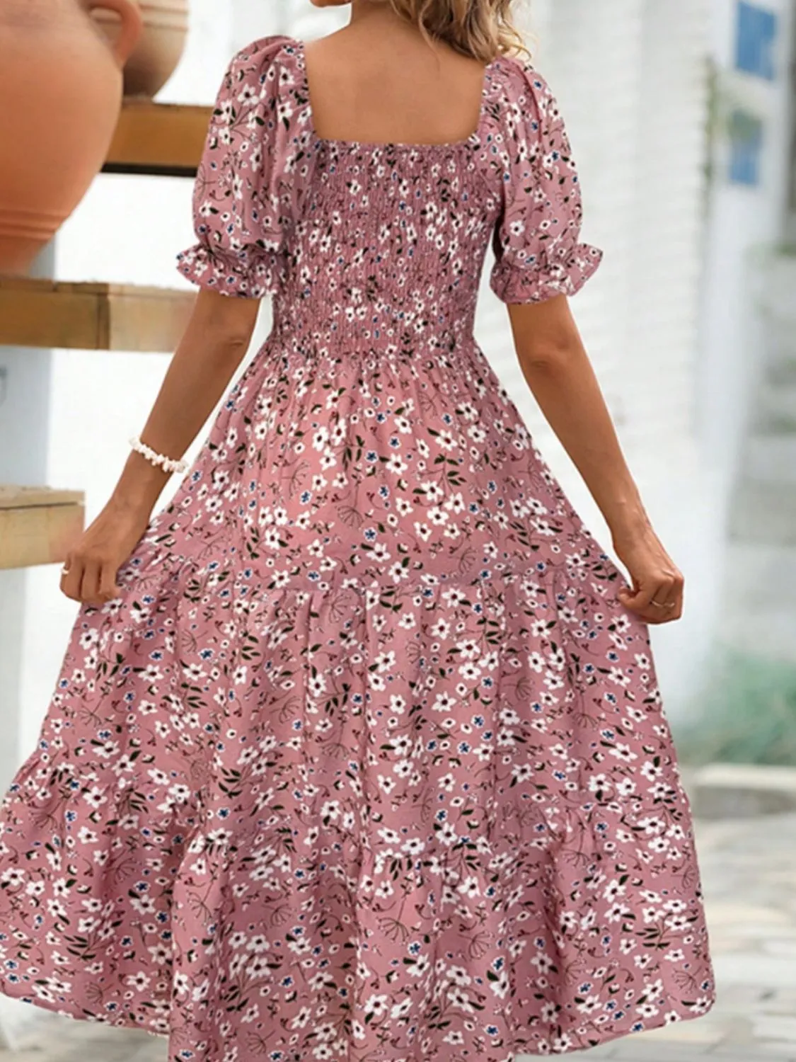 Floral Square Neck Short Sleeve Tiered Dress