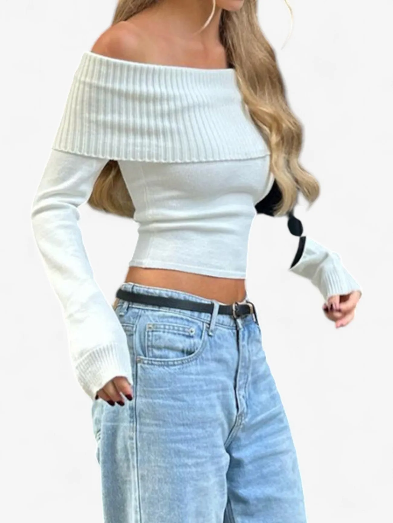 Foxes | Women's Off Shoulder Knit Crop Sweater Top
