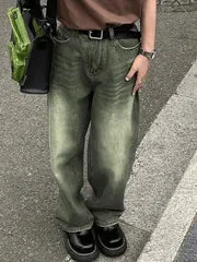 Grüne Vintage Verblasstem Effekt Boyfriend Jeans