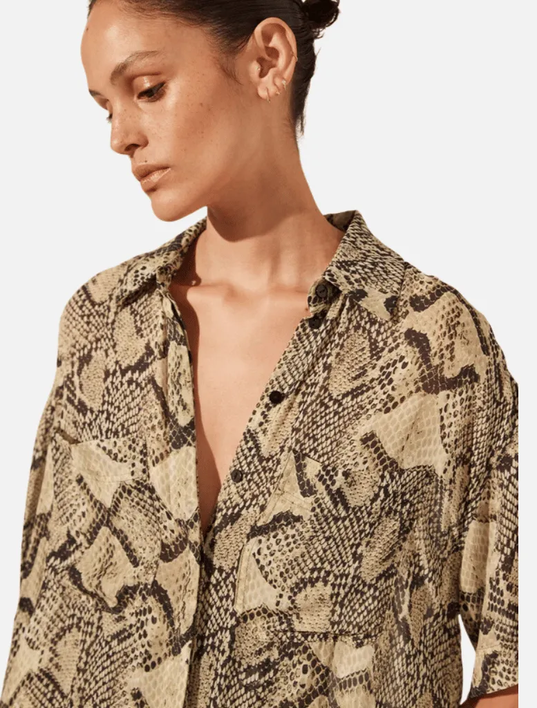 Hadiya Side Split Short Sleeve Shirt - Almond/Multi