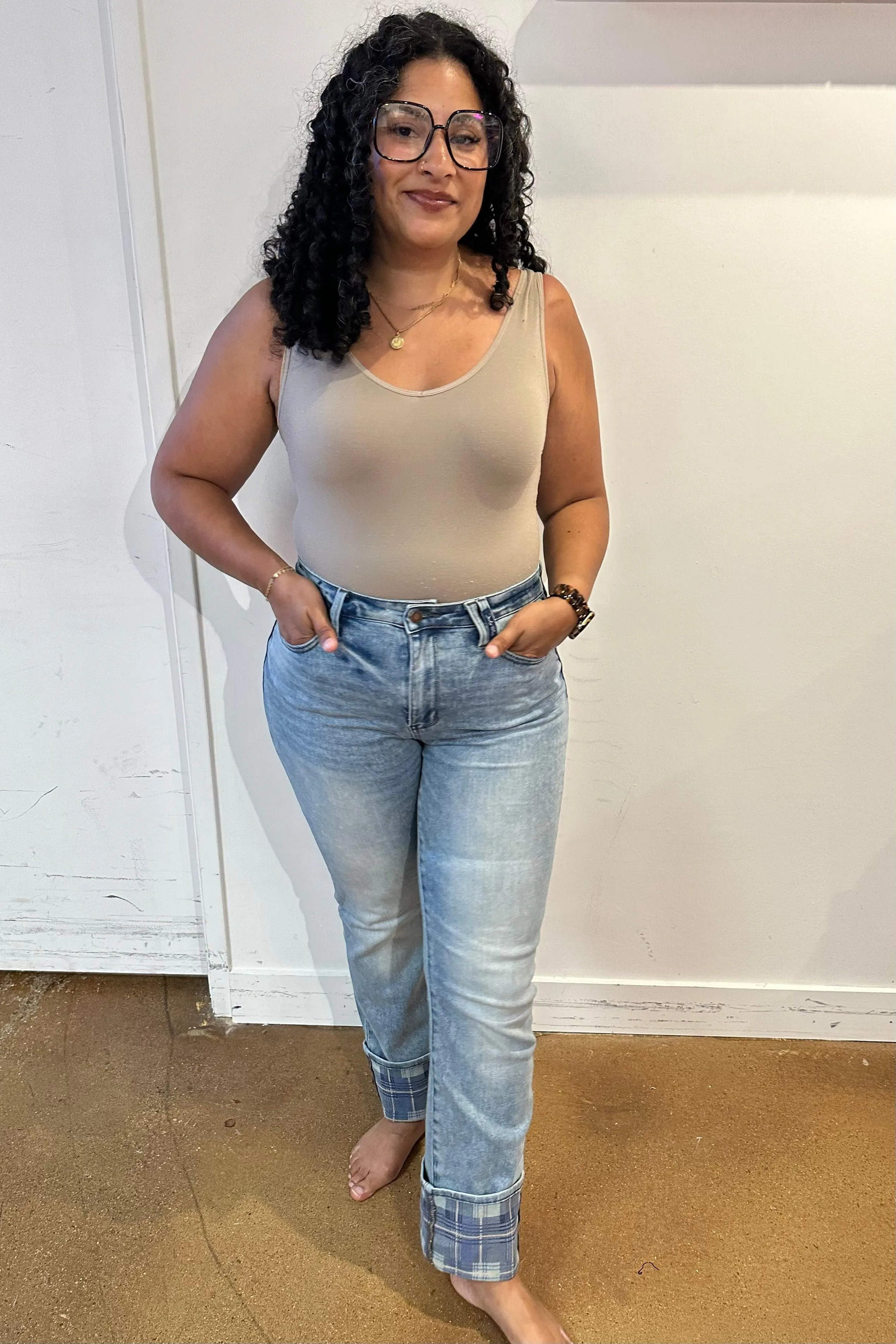 Hazel Blues® |  Miranda High Rise Plaid Cuff Vintage Straight Jeans