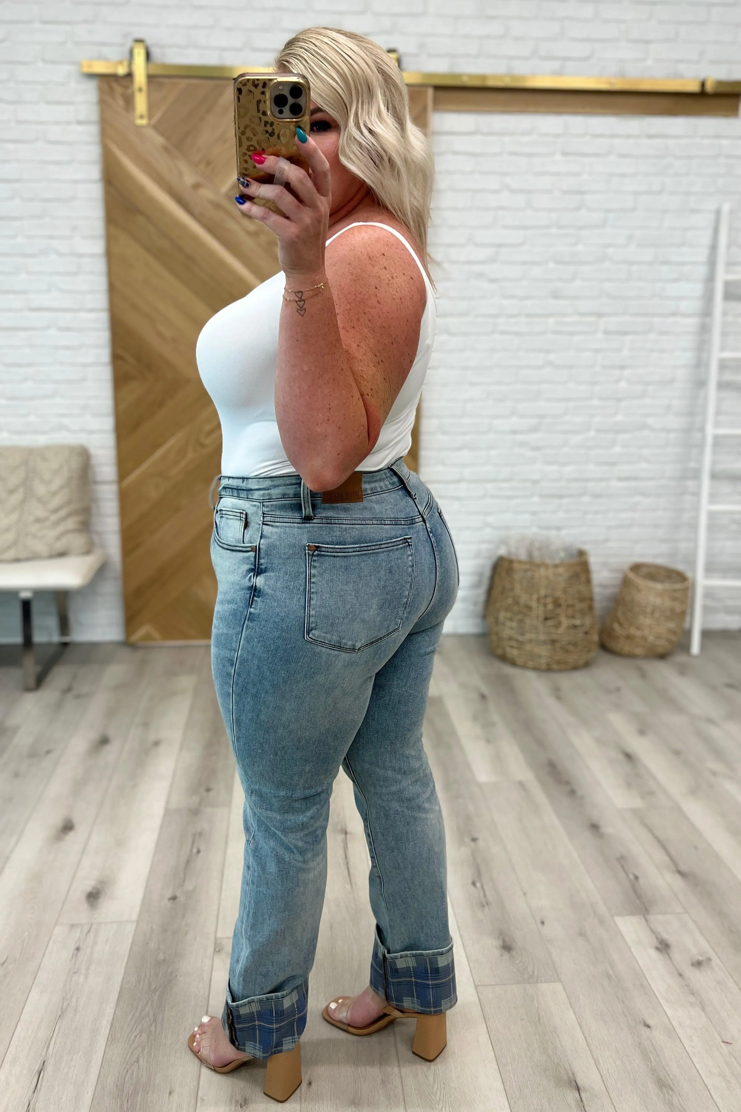 Hazel Blues® |  Miranda High Rise Plaid Cuff Vintage Straight Jeans
